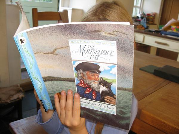 BL reading the Mousehole Cat book